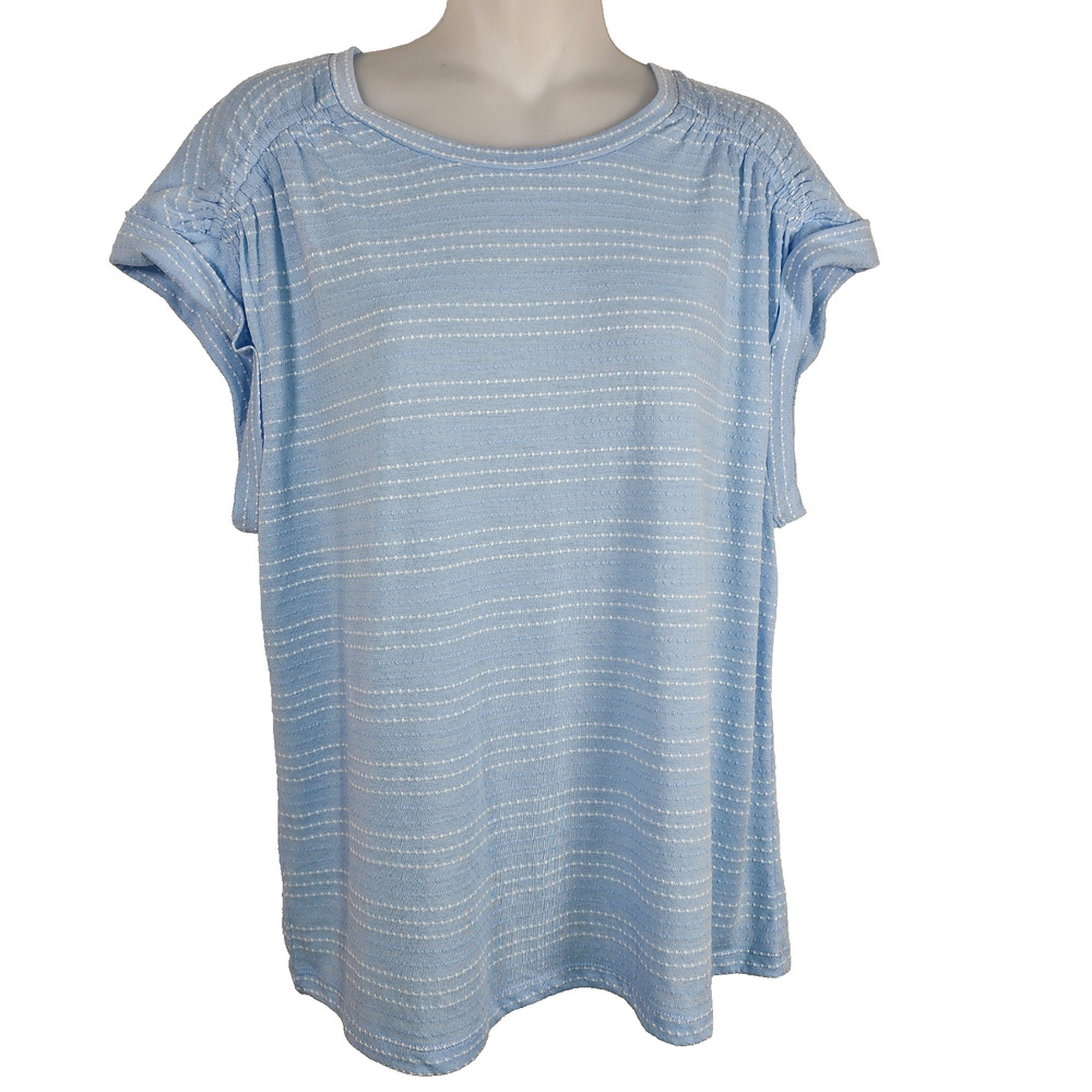 LOFT Womens Top L Light Blue White Striped Short Cuff Sleeve Ruching Stretch NWT